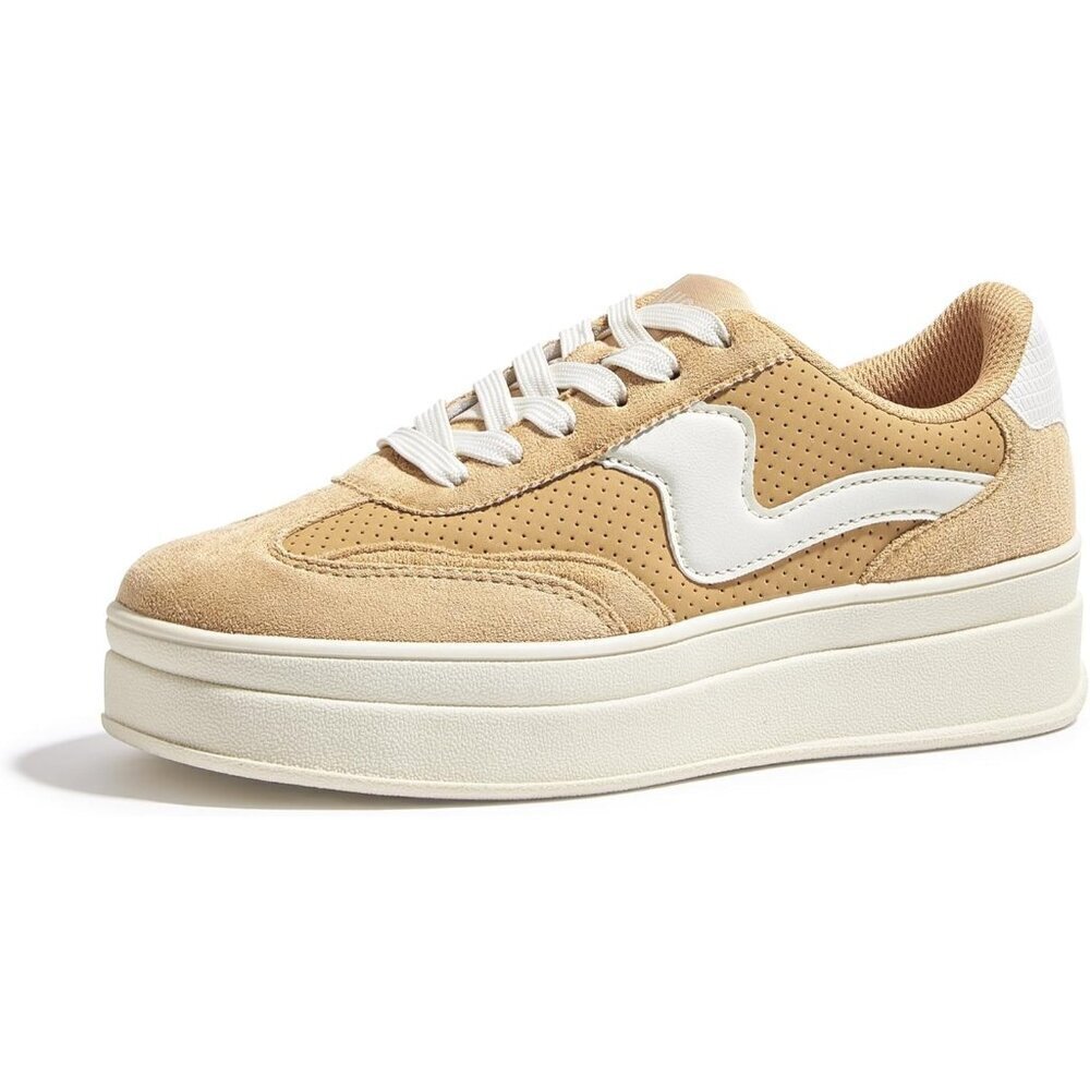 Women Platform CamelWhite Sneaker Thick Sole Suede Leather Low Top Walking Shoes - Picture 1 of 9